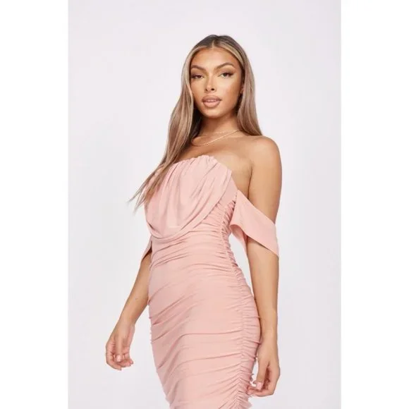 Pink Short Sleeve Off Shoulder Ruched Bodycon Midi Dress - Picture 11 of 14